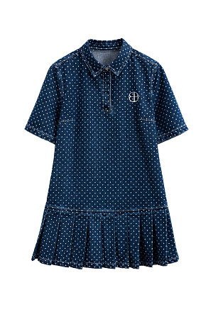 синий Джинсовое мини-платье в горошек. Отложной воротник с застежкой на магнитных кнопках. Короткие рукава. Расклешенный подол с юбкой плиссе.