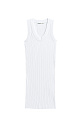 Платье длины мини из фактурного трикотажа на основе вискозы. Модель приталенного силуэта, без рукавов, на широких бретельках, с U-образным вырезом горловины. Изделие выполнено в широкий рубчик. 