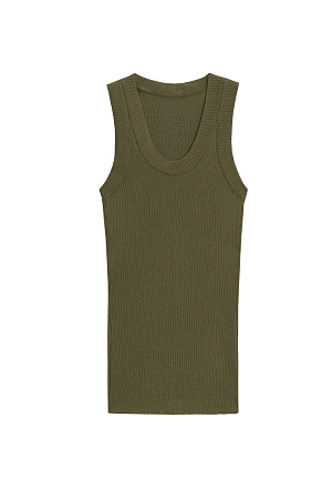 хаки Трикотажный полупрозрачный топ из 100% хлопка. Модель приталенного силуэта, с глубокой проймой и круглым вырезом горловины. Изделие выполнено в рубчик.