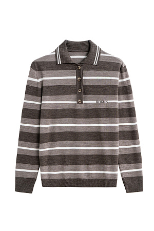 коричневый Трикотажный джемпер из шерсти в полоску. Модель свободного силуэта, с длинными рукавами, воротником поло на пуговицах и брендированным жаккардом на груди. Манжеты, воротничок и низ изделия выполнены в рубчик.