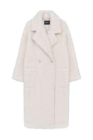 молочный Двусторонняя шуба, выполненая из натуральной шерсти и экокожи. Модель свободного силуэта с отложным воротником и накладными карманами. Застежка на пуговицы. 