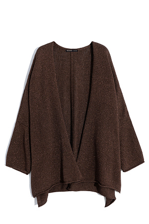 коричневый Трикотажный кардиган с люрексом. Модель свободного кроя, с длинными широкими рукавами и спущенной линией плеч. Без застежки.