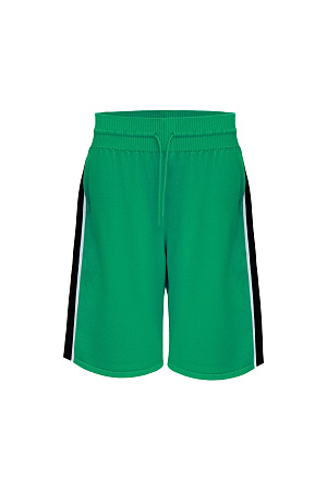 зеленый Трикотажные шорты в спортивном стиле с широким двухцветным лампасом. Пояс с кулиской на эластичной ленте в рубчик. Дополнить образ можно джемпером в таком же стиле.