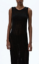 Трикотажный сарафан из хлопка с добавлением эластана, выполненный ажурной вязкой. Модель прямого силуэта, без рукавов, с глубокой проймой и круглым вырезом горловины.