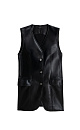 Классический жилет из мягкой экокожи. Модель прямого кроя, с V-образным вырезом и имитацией карманов с клапанами. Изделие на подкладке. Застежка на пуговицы.