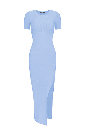 голубой Облегающее трикотажное платье длины миди из вискозы. Модель приталенного силуэта, с короткими рукавами, круглым вырезом горловины, вырезом на спине и высоким разрезом сбоку.