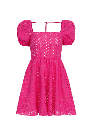 фуксия Короткое платье из 100% хлопка с рукавами-фонариками, прямоугольным вырезом и открытой спиной на завязках.