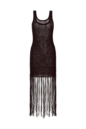 коричневый Трикотажный ажурный сарафан из 100% хлопка. Модель свободного кроя, без рукавов, на широких бретельках и U-образным вырезом. Изделие декорировано длинной бахромой.