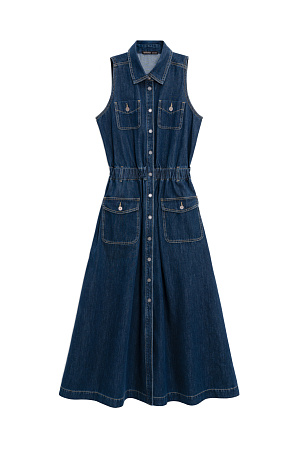 синий Джинсовое платье длины миди из 100% хлопка. Модель приталенного силуэта, с эластичной резинкой со шлевками на поясе, без рукавов, с отложным воротником, накладными карманами на груди и юбке. Застежка на пуговицы.
