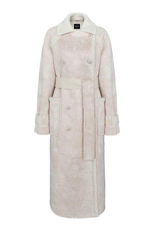 молочный Длинная дубленка из шерсти. Модель прямого силуэта с отложным воротником, накладными карманами, патами и поясом из основного материала. Застежка на пуговицы.