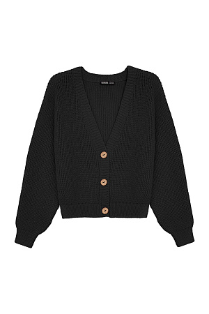 черный Хлопковый кардиган полуфанг с длинными рукавами. V-образный вырез, низ изделия и манжеты на эластичной ленте в рубчик.