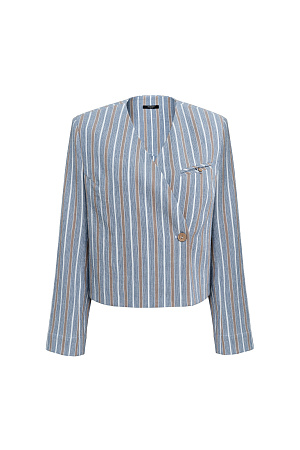 синий Укороченный жакет на запах. Модель приталенного силуэта с карманом на груди. Застежка на пуговицу. Дополнить образ можно брюками и жилетом в таком же стиле.