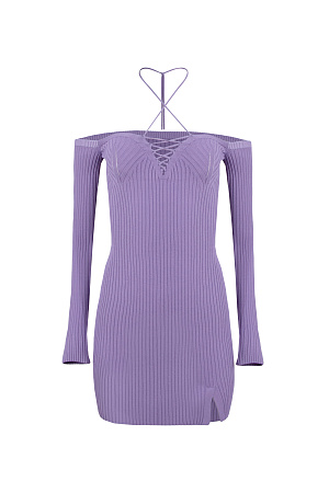 сиреневый Оригинальное платье-мини с открытыми плечами, длинным расклешенным рукавом, с разрезом спереди на шнуровке, красивое вывязанное декольте, небольшой разрез внизу