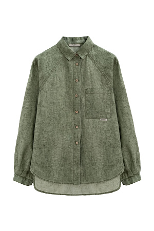 хаки Рубашка из 100% льна. Модель свободного кроя, с длинным рукавом реглан, отложным воротником, нагрудным карманом и удлиненной спинкой. Застежка на пуговицы. 