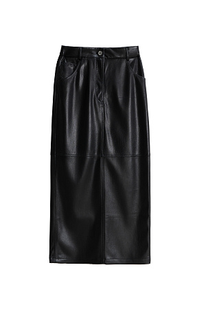 черный Юбка длины миди из мягкой двусторонней экокожи. Модель прямого кроя, с разрезом сзади, карманами и шлевками на поясе для ремня. Застежка на пуговицу и молнию.