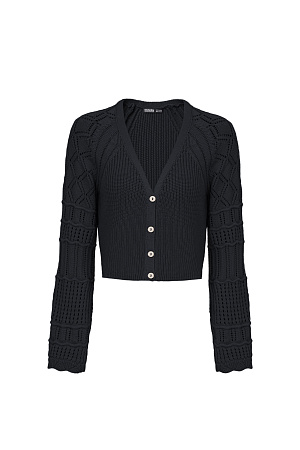 черный Трикотажный кардиган из хлопка с добавлением эластана. Модель укороченного кроя, с длинными вывязанными рукавами и застежкой на пуговицы.