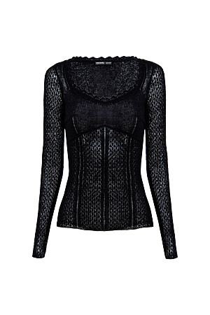 черный тонкий ажурный джемпер из супер кид мохера и шерсти беби альпака. Модель приталенного силуэта, с глубоким вывязаным декольте и длинными рукавами.