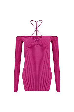 фуксия Трикотажные топ из вискозы. Модель с длинными рукавами, разрезами по бокам и глубоким декольте со шнуровкой.