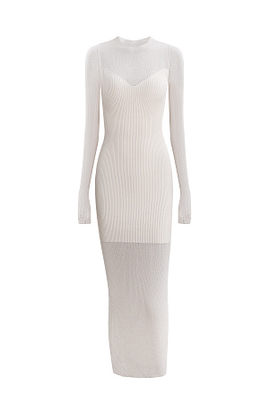 бежевый Платье макси облегающего кроя из трикотажа на основе хлопка и вискозы. Круглый вырез. Длинные рукава. Имитация прозрачного нижнего слоя.