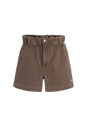 коричневый Вельветовые короткие шорты из 100% хлопка. Модель с высокой посадкой. Пояс изделия выполнен на эластичной резинке. Застежка на молнию и пуговицу. Шлевки на поясе для ремня.