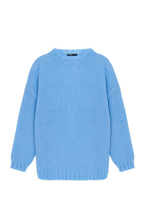 голубой Трикотажный полупрозрачный джемпер из смесовой шерсти с добавлением мохера. Модель свободного силуэта со спущенной линией плеч и круглым вырезом горловины. Манжеты и низ изделия выполнены в широкий рубчик.