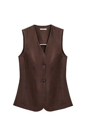 коричневый Удлиненный жилет из 100% льна. Модель приталенного силуэта, с V-образным вырезом горловины, вертикальными вытачками, ремнем на спинке и разрезами по бокам. Изделие бех подкладки. 