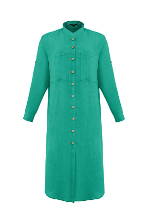 зеленый Платье-рубашка из 100% льна с карманами на груди
