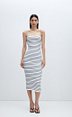 Трикотажное платье длины миди из вискозы в рубчик. Модель приталенного силуэта, на тонких бретельках и разрезом сзади.
