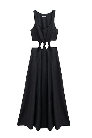 черный Платье длины миди из 100% льна. Модель приталенного силуэта с расклешенной юбкой, без рукавов, на широких бретельках и&nbsp;&nbsp;U-вырезом горловины. Изделие декорировано вертикальными швами и объемными узлами на талии. 