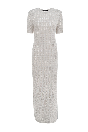 бежевый Трикотажное платье с коротким рукавом. Модель приталенного силуэта длины макси, выполнена полностью ажурным переплетением.