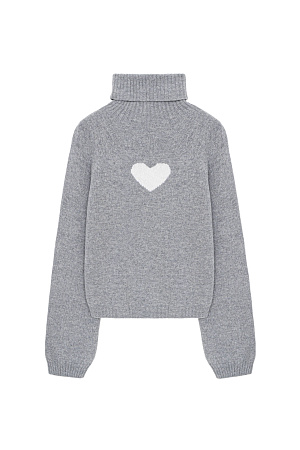 серый Трикотажный джемпер из шерсти с добавлением кашемира. Модель с высоким воротником в рубчик, спущенной линией плеча и жаккардовым рисунком в виде сердца на спине.