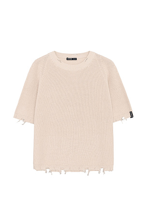 бежевый Трикотажная футболка из 100% хлопка. Модель свободного силуэта, со спущенной линией плеча, коротким рукавом и брендированным ярлыком на рукаве. Имитация необработанного края по низу изделия, на манжетах и воротнике. 