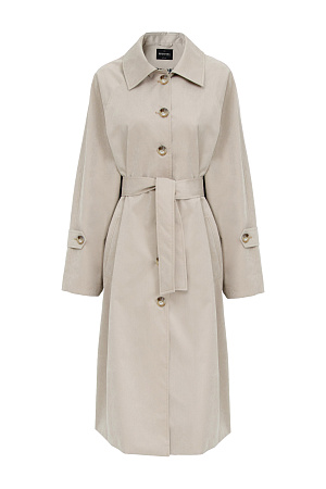 бежевый Oversize тренч с декоративными разрезами по бокам. Подкладка из клетчатой ткани, широкий пояс из основного материала, боковые карманы. Длинные рукава с патами на манжетах и разрезами. Застежка на пуговицы.
