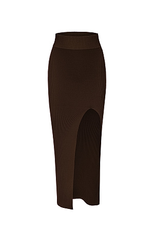 коричневый Трикотажная юбка длины макси с широким эластичным поясом и высоким разрезом спереди. Дополнить образ можно топом в том же стиле. 