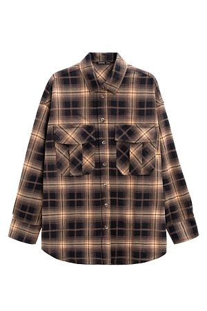 коричневый Рубашка в клетку из 100% хлопка с эффектом тай-дай. Модель прямого кроя, с классическим отложным воротником, длинными рукавами, спущенной линией плеч и двумя накладными карманами на груди. 
