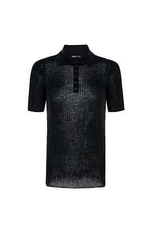 черный Трикотажное поло из смесовой шерсти. Модель приталенного силуэта, с коротким рукавом, отложным воротником и застежкой на пуговицы на планке. 
