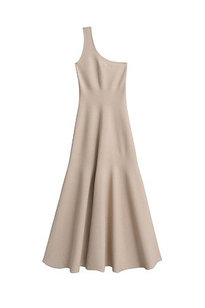 бежевый Трикотажное платье длины миди из вискозы с добавлением люрекса. Модель приталенного силуэта с юбкой, расклешенной от талии, без рукавов, с асимметричным вырезом на одно плечо.