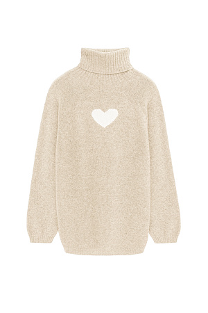 бежевый Трикотажный oversize джемпер из шерсти с добавлением кашемира. Высокий воротник в рубчик, спущенный рукав и удлиненная спинка с жаккардовым рисунком в виде сердца.