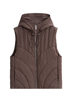 коричневый Жилет на синтепоне с капюшоном. Модель свободного силуэта с боковыми карманами. Капюшон регулируется кулиской. Застежка на молнию. На подкладке. 