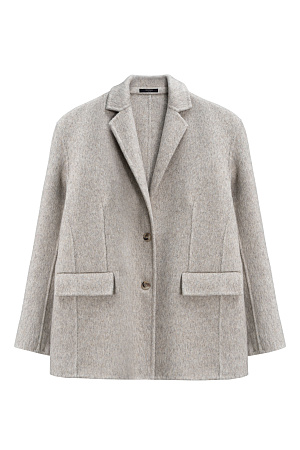 серый Однобортный жакет-пальто из шерсти. Модель прямого кроя с вытачками, классическим отложным воротником и двумя прорезными карманами с клапанами. Застежка на две пуговицы. Изделие без подкладки. При созаднии жакета была использована технология Double Face, тщательная ручная обработка швов обеспечивает отсутствие видимых строчек на лицевой стороне.