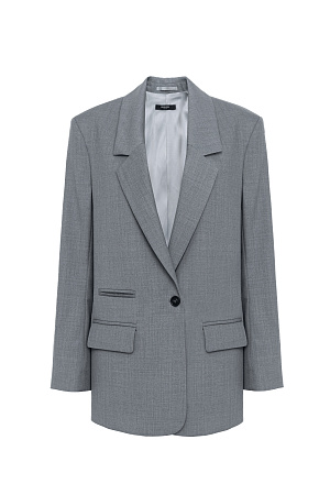 серый Классический жакет с накладными карманами, подплечниками, разрезами по бокам и удлиненной спинкой. Длинные рукава на манжетах без пуговиц. Застежка на пуговицу.