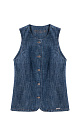 Джинсовый жилет из 100% хлопка. Модель приталенного силуэта, с круглым вырезом горловины и застежкой на пуговицы. Изделие без выполнено без подкладки.
