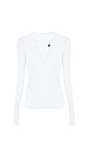 Трикотажный полупрозрачный лонгслив из хлопка с добавлением полиамида. Модель приталенного силуэта с длинными рукавами, V-образным вырезом и брендированным ярлыком на планке.