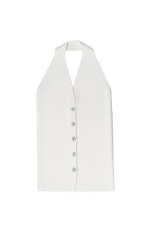 молочный Трикотажный жилет в рубчик из шерсти и кашемира. Модель по фигуре с V-образным вырезом и американской проймой. Застежка на пуговицы. 