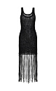 Трикотажный ажурный сарафан из 100% хлопка. Модель свободного кроя, без рукавов, на широких бретельках и U-образным вырезом. Изделие декорировано длинной бахромой.