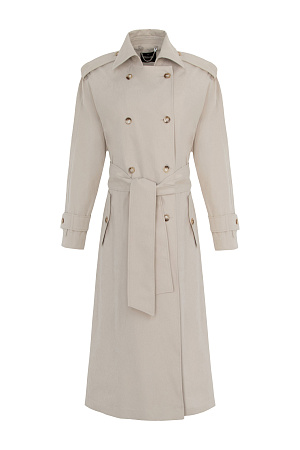 бежевый Двубортный тренч из водоотталкивающего материала. Модель свободного кроя с широким поясом из основного материала, асимметричной отлетной кокеткой и боковыми карманами. Паты на манжетах и плечах. На подкладке. Застежка на пуговицы.