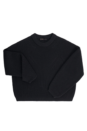 черный Трикотажный джемпер из 100% хлопка с декоративными сбавками на груди и воротнике. модель свободного силуэта со спущенной линией плеч и круглым вырезом горловины. Манжеты рукавов и низ изделия выполнены на эластичной резинке.