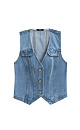 Джинсовый жилет из 100% хлопка. Модель прямого кроя с V-образным вырезом горловины и объемными вертикальными швами. Застежка на три металлические кнопки. Изделие без подкладки. 