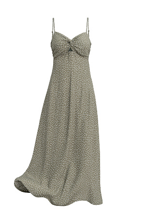 хаки Сарафан из 100% вискозы длины миди, с принтом. Модель приталенного силуэта, на тонких бретельках, с глубоким вырезом декольте, карманами, драпировкой и перекрутом на лифе. Спинка изделия выполнена на эластичной резинке.&nbsp;&nbsp;