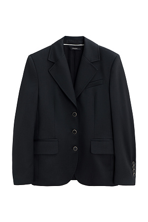 черный Однобортный жакет из шерсти. Модель свободного силуэта с лацканами, боковыми карманами с клапанами и карманом на груди. Застежка на три пуговицы. Изделие выполнено на подкладке. Дополнить образ можно брюками или юбкой.